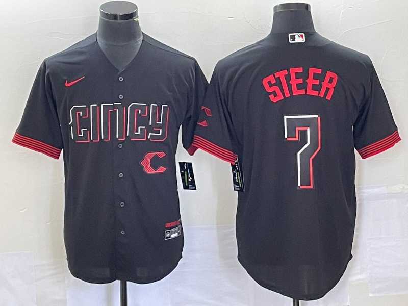 Mens Cincinnati Reds #7 Spencer Steer Black 2023 City Connect Cool Base Stitched Baseball Jersey